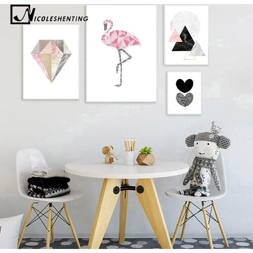 Geometry Flamingo Heart Wall Art Canvas Posters and Prints Nordic Style Abstract Painting Wall Picture Modern Home Decoration