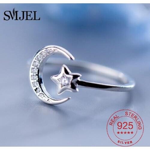 925 Sterling Silver Statement Crystal Ring Korean Jewelry Crescent Moon Star Rings for Women Geometric Ring anillos de boda