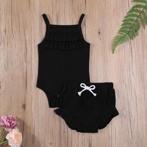 Pudcoco Baby Girl Clothes Solid Color Clothes Set Girls Sleeveless Square Collar Sling Romper+Short Pants with Ruffles