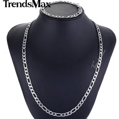 JEWELRY SET 6mm Mens Boys Chain Necklace Bracelet Set Flat Figaro Silver Color Stainless Steel Bracelet Wholesale Set KS156