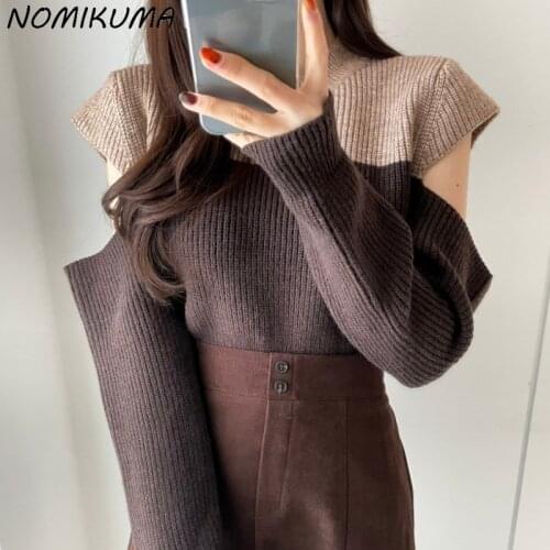 Nomikuma Korean Contrast Color Strapless Sweaters Causal Long Sleeve O-neck Knitted Tops 2021 Autumn Winter Pull Jumpers 6L600
