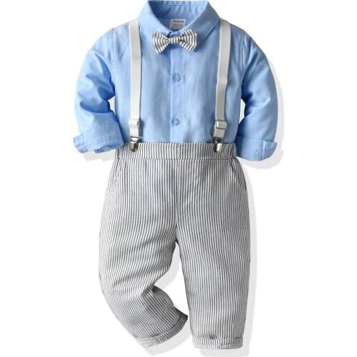 Kids Boy Clothing Suit 2021 New Gentleman Outfits Party Set Long Sleeved Blue Shirt + Striped Pants + White Belt 4 PCS Children