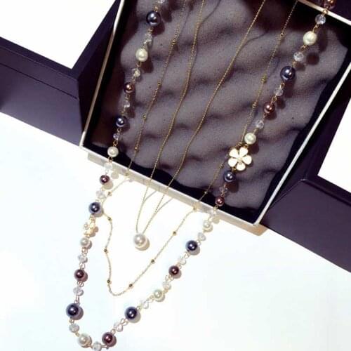 Camellia Pearl Jewelry Multi-Layer Long Necklace Women Bijoux Fashion Classic Beads Chain Necklaces