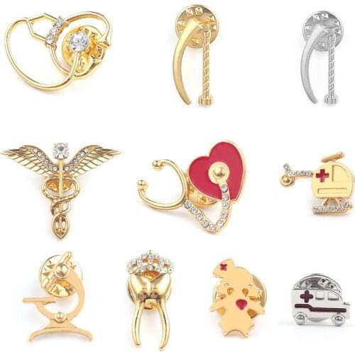 Fashion Crystal Brooches Magic Cross Angel Wings Ambulance Stethoscope Tooth Cute Mini Brooches 3 Colors For Men Women Jewelry