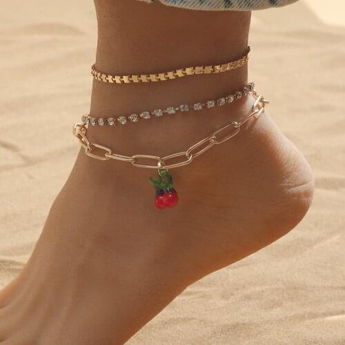 Trendy Cute/Romantic Metal Anklets Womens Set Auger Cherry Golden A Three-piece Alloy Pendant Anklets Jewelry for Girls