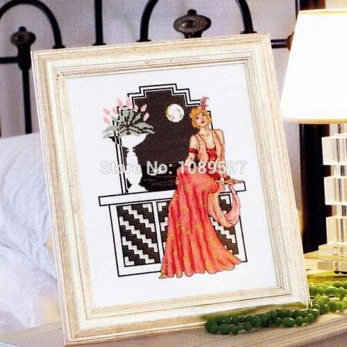 Fishxx Cross Stitch Kit Cross196-10 Beautiful Girl Characters Hand Embroidery Kit Sitting On The Windowsill In The Moonlight