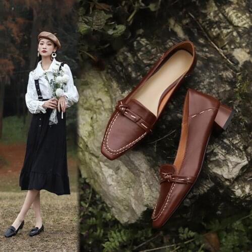 New Genuine Leather Fashion Slip-On Women Shoes Retro Shallow Pumps Square Toe Thick Heel Handmade Shoe for Women Size 34-42