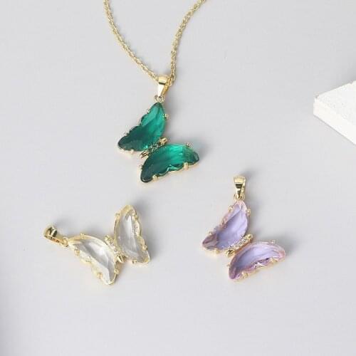 Origin Summer Korean Fashion Multicolor Crystal Butterfly Pendant Necklace for Women Green Transparent Purple Necklace Jewelry