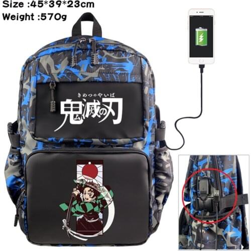 Anime Demon Slayer Cartoon USB Backpack Student Schoolbag Nylon Casual Teenger Travel Knapsack Laptop Bag Zipper Bookbag