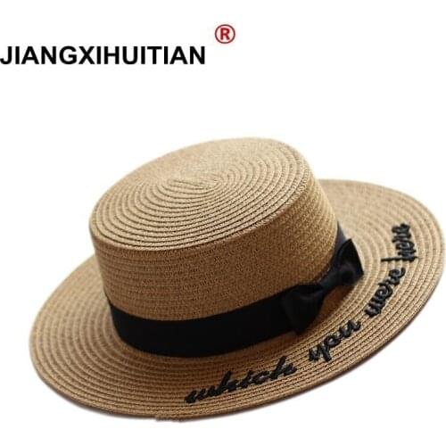 Summer new Embroidery Letter Boater Hat Ribbon Round Bow Flat Top Wide Brim Straw Hat Women Fedora Panama Hat free shipping