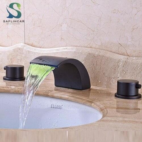 LED Basin Faucet Widespread Tub Sink Waterfall Mixer Taps Brushed/Nickel/Black Basin Mixer Tap Dual Handle Hot & Cold Crane