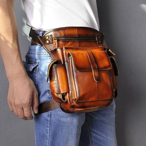 Genuine Leather Mens Thigh Drop Leg Bag First Layer Cowhide Waist Bag Brand Vintage Belt Hip Messenger Shoulder Bag