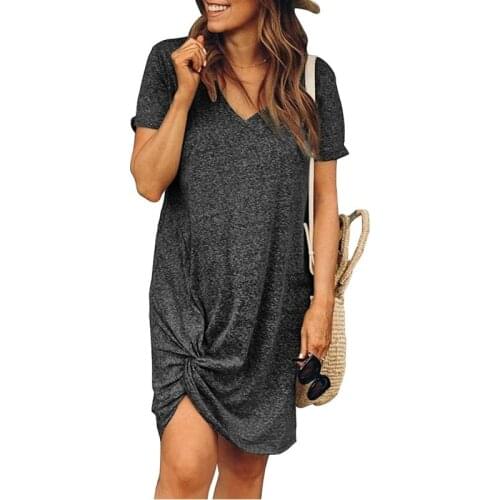 Ruched Short Sleeve Loose Dress Solid Color Side Twist Irregular Dress Knot Women 3xl Sukienka Casual V Neck Dress Street Style