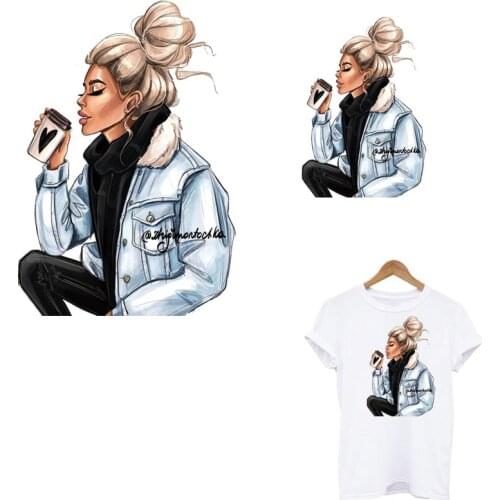 Coffee Girl Iron On Transfer For Clothing Patches DIY Washable T-shirt Hoodies Thermal Sticker Heat Transfer Fashion Lady Patch