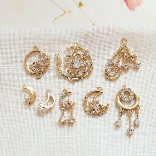 6pcs Vintage Copper plating hollow Earrings For Girls Women moon star inlaid zircon pendant diy jewelry necklace accessories