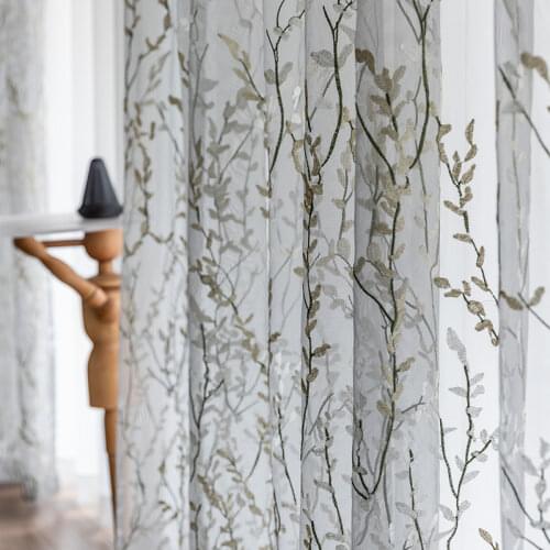 Beige Leave Embroidered Tulle Curtain for Living Room Pastoral Country Sheer Translucent Organza Balcony Window Tende zh207C