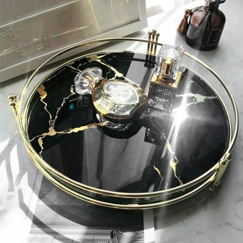 Black Marble Pattern Mirror Tray Creative Dressing Table Metal Round Plate Storage Tray Living Room Decoration