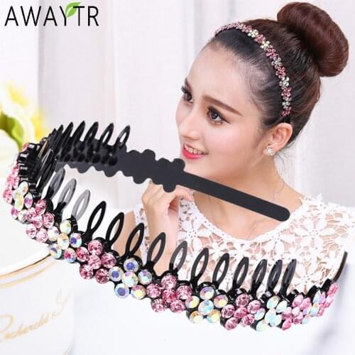 AWAYTR Non-Slip Hairband Bezel Headband Women Sports Hair Band Hoop Top Metal Double Bangs Flower Rhinestone Hair Accessories