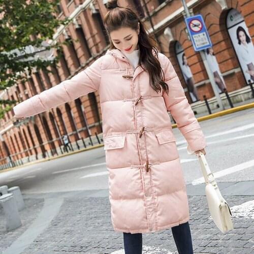 2019 Womens Winter Jackets And Coats Solid Color Long Horn Buckle Cotton Coat Women Warm Outwear With A Hood