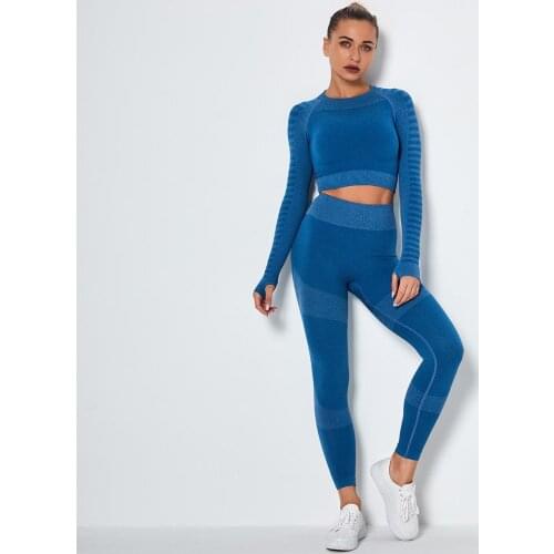 Women Seamless Knitted Yoga Suit Sports 2PCS Set Tight Sports Fitness Suit Gym Sport Workout Running Top Leggings