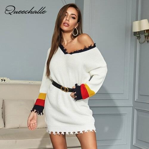 Autumn Winter Long Jumper Sweater Women White Tassel Collar V neck Fashion Knitted Pullovers Sweater Tops for Women 2021 New