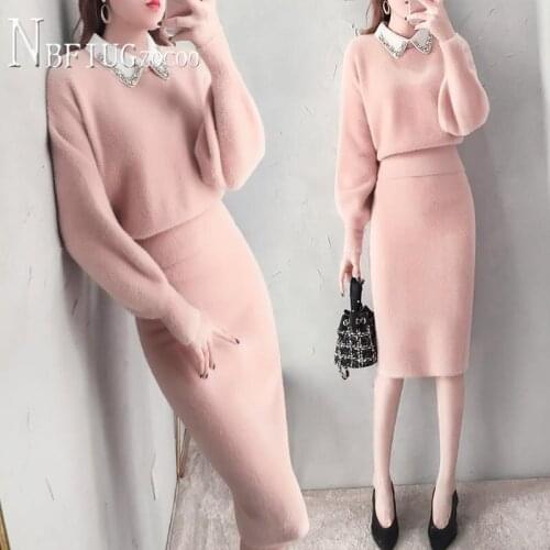 2020 Autumn Winter New Imitation Mink Fluff Women Sets Long Sleeve Blouse And Skirt Female Sets
