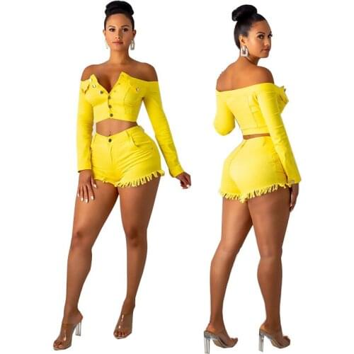 Ladies shorts suit 2021 Summer New Womens one-way Neck Shorts Short Sleeve suit Pure color Simple two-piece suit