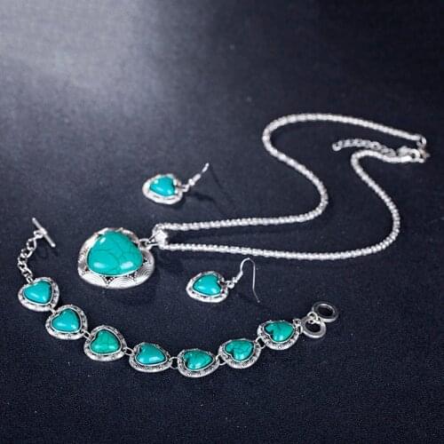 2018 New Styles Heart Blue Stone Jewelry Set Vintage Antique Necklace Sets Pendant Earring Bracelet For Women Jewelry for gift