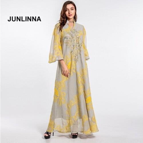 Robe-Casual Loose Dress 2021 Fashion New Women Muslim Dresses V Neck 3/4 Flare Sleeve Sequins and Embroidery Vestidos