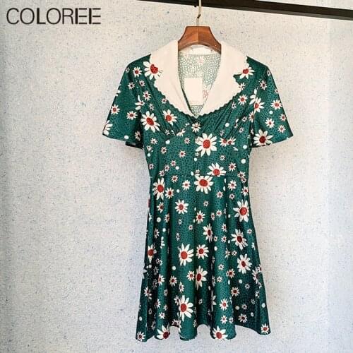 Vintage Green Floral Printed Mini Dresses for Women 2021 Summer Elegant Short Sleeve A-line Vestidos De Mujer