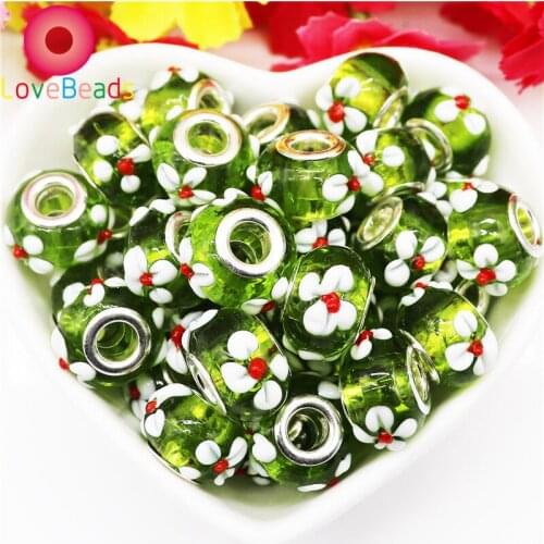 10Pcs Color Lily Flower Big Hole European Charms Lamowork Glass Beads Fit Pandora Bracelet Key Chain Charms Necklace DIY Jewelry