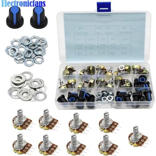 18Pcs/lot 9 Values WH148 Potentiometer B1K 2K 5K 10K 20K 50K 100K 250k 500K 1M ohm Linear Rotary Potentiometer with Knobs