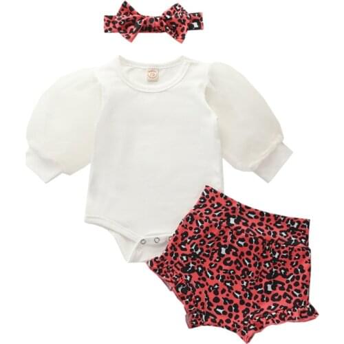 2020 Fashion Infant Toddler Baby Girls Outfit Cotton Long Sleeve Bodysuit+Leopard Print PP Shorts Headband Sets 3pcs