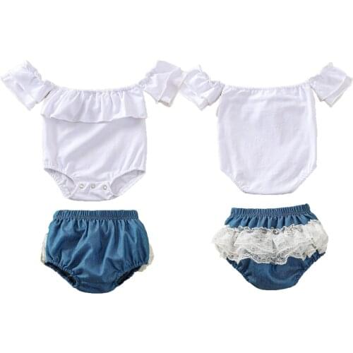 2021-03-10 Lioraitiin 0-24M Infant Baby Girl’s Clothes Fresh Solid Color Boat Neck RomperLace Denim Triangle Shorts 2Pcs Set