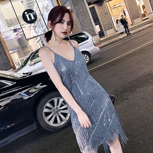 2021 Summer Sexy 5 Colors Mesh Patchwork V-neck Sequin Spaghetti Strap Tassel A-line Fashion Fairy Birthday Robe De Cocktail2375