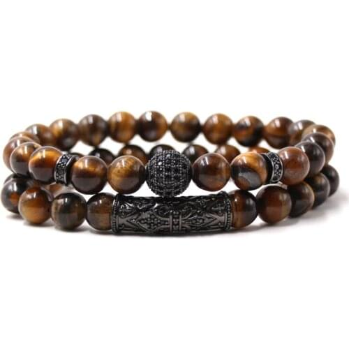 2021 Trendy 2Pcs/set 8mm Natural Tiger Eye stone bead Bracelet Pave CZ 4color Ball tube bracelet for Men&Women charm DIY Jewelry