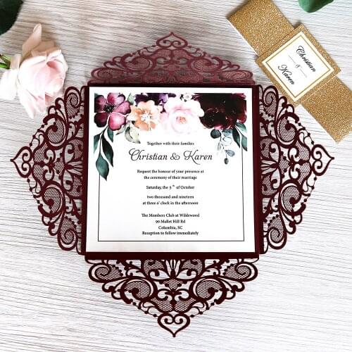 50 pcs Burgundy Square Gold Glitter Laser Cut Wedding Invitation with Envelope Party University Invitation Card