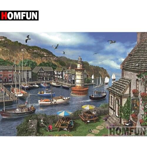 HOMFUN 5D DIY Diamond Painting Full Square/Round Drill "Seaside town" 3D Embroidery Cross Stitch gift Home Decor A08247