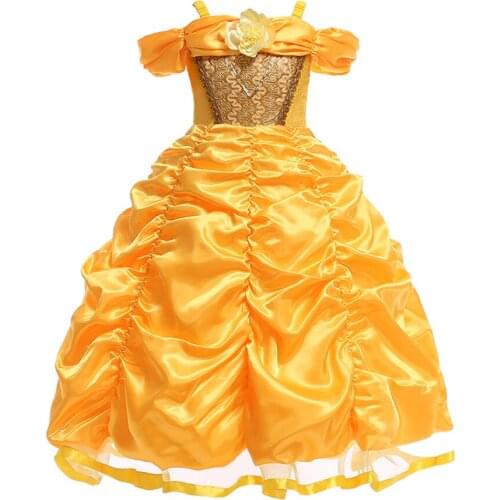 2021Girls Cartoon Dress Kids Shoulderless Yellow Fancy Dress Children Beauty Beast Belle Princess Costumes Party Girls Dress
