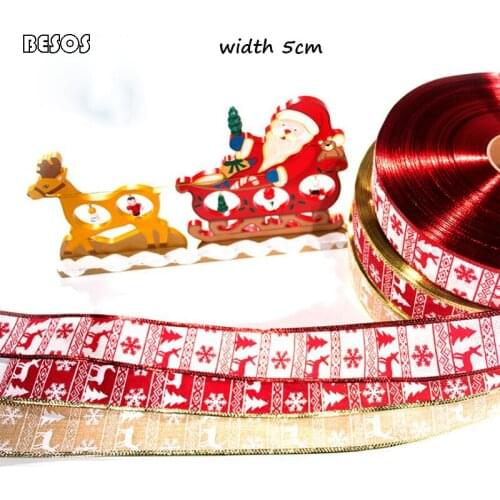 Length 2 Meters Width 50mm Red,Whtie,Rice Color Moose Christmas Tree Christmas Decorate Packing Gift Linen Ribbon G0030L