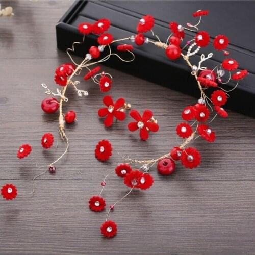 Womens Red Flower Pearl Headband Bridal Hair Accessories Wedding Headband For Women Accessories Bridesmaid Hair Earring Jewelry