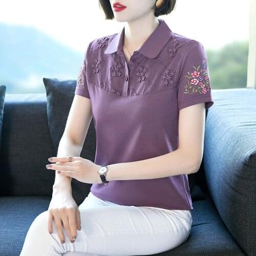 Pure Cotton Short-sleeved T-shirt Women New Summer Embroidery Middle-aged Mother Casual Tops Lapel Sports POLO Shirt X183