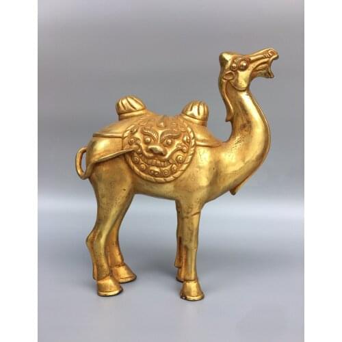 9"Chinese Folk Collection Old Bronze Gilt Camel statue Desert camel Office Ornaments Town House Exorcism Ward off evil spirits
