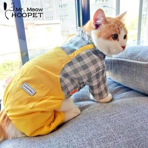 Hoopet Pet Cat Clothes Plaid Cotton Clothes Cat Jumpsuits Cute Design Puppy Dog Coat Four Feet Clothes For Kitten Cats