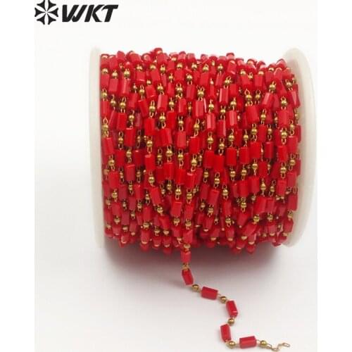 WT-RBC074 Coral Color Crystal Beads Chain Wire Wrapped Without Gold Metal Plated Handmade Rosary Beads Chain For Women DIY Jewel