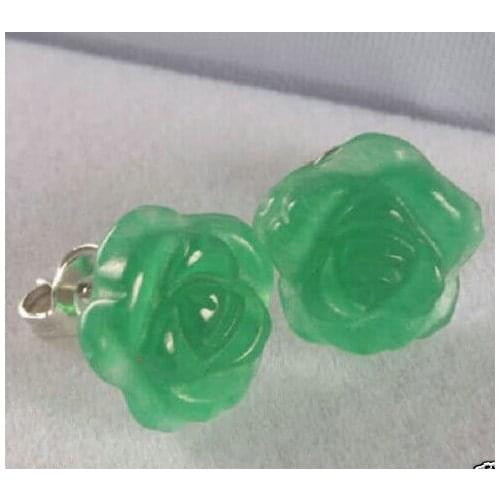 Ry00613 PRETTY CHINESE CARVED GREEN stone ROSE FLOWER STUD EARRINGS A0422