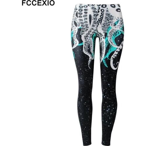 FCCEXIO New Style Leggings Women Galaxy Space Legging Fitness Digital Printed Octopus Slim Workout Plus Size High Waist Legins