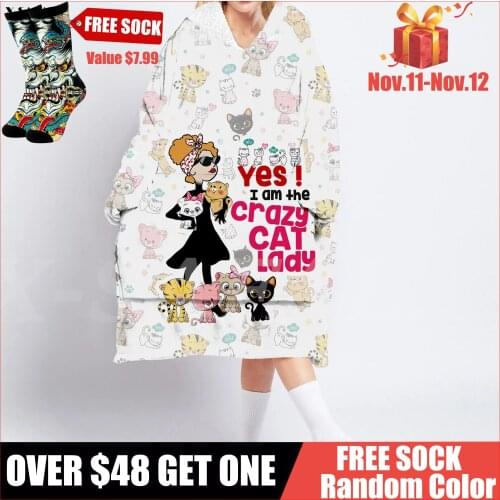 Lazy Cat 3D Printed Oversized Hooded Wearable Blanket Hoodie Robes Sherpa Pocket Female Man Sleepwear Nightdress Pajamas