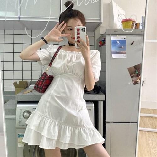 Summer Womens Dress 2021 Sweet White Dress Women Square Collar Irregular Ruffles Fishtail Mini Dress Korean Party Dresses