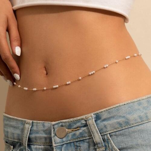 Cute Kpop Bohemia Pearl Thin Belt Waist Beads Chain Jeans Delicate Body Jewelry for Women Harness Fashion Natural Decorations
